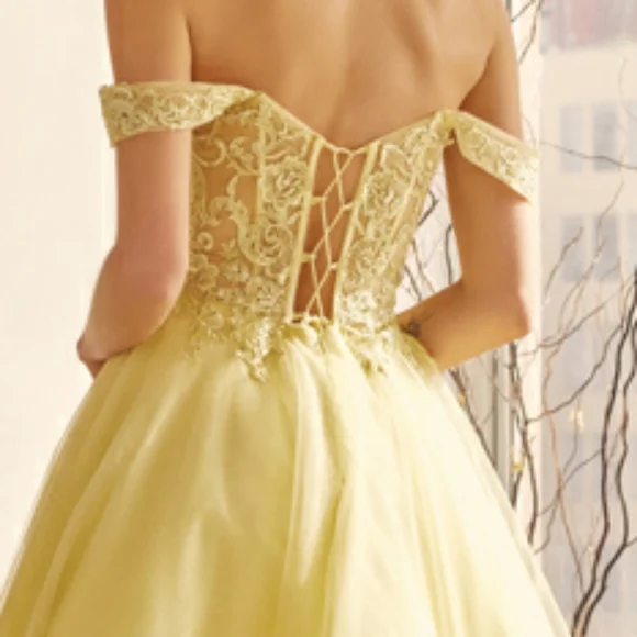 New long navy, royal, yellow, off the shoulder embroidered tulle ball gown dress - Picture 5 of 13